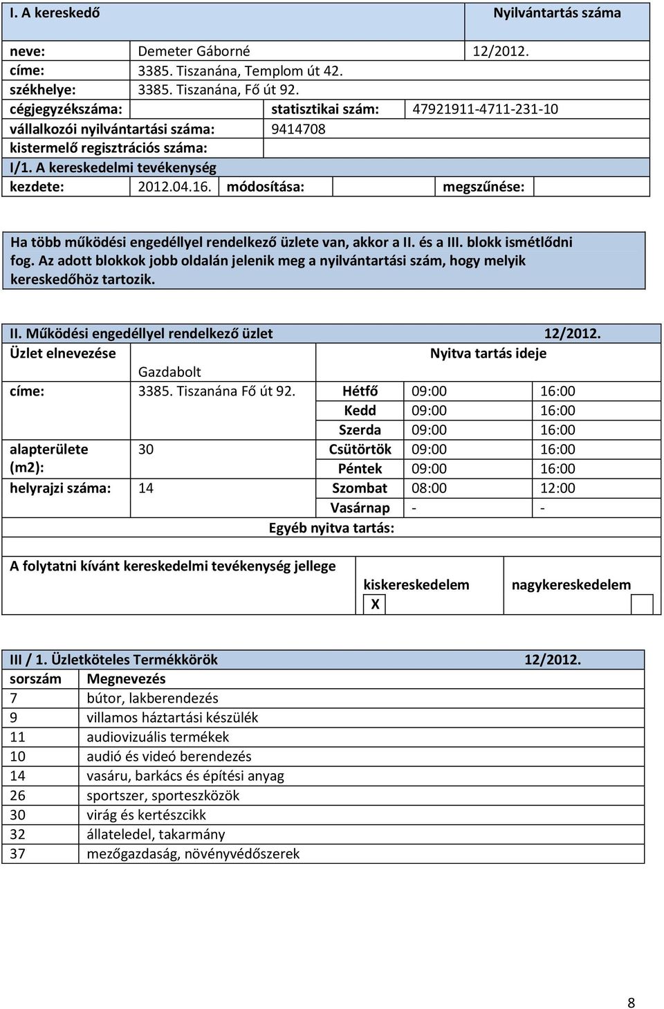 Gazdabolt címe: 3385. Tiszanána Fő út 92.