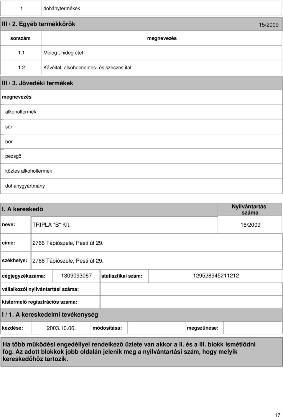 A kereskedõ TRIPLA "B" Kft. 16/2009 címe: 2766 Tápiószele, Pesti út 29.