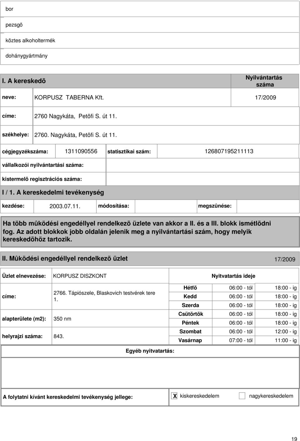 Mûködési engedéllyel rendelkezõ üzlet 17/2009 KORPUSZ DISZKONT címe: 2766. Tápiószele, Blaskovich testvérek tere 1.