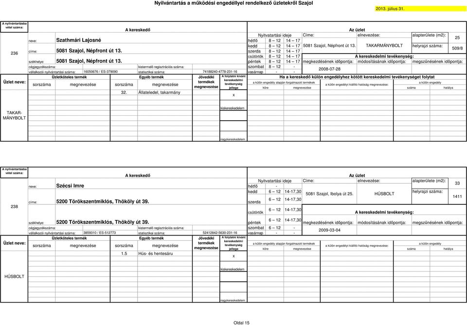 12 14 17 szombat 8 12 - vasárnap - - 5081 Szajol, Népfront út 13.