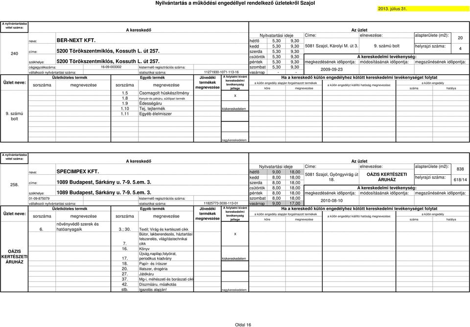 16-09-003302 vállalkozói nyilvántartási száma: statisztikai száma: 11271930-1071-113-16 Csomagolt húskészítmény Kenyér-és pékáru, sütıipari termék Édességáru Tej, tejtermék Egyéb élelmiszer hétfı