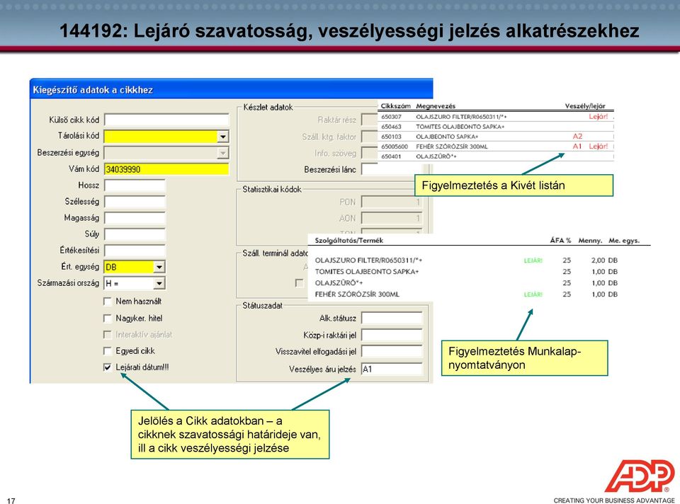 Figyelmeztetés Munkalapnyomtatványon Jelölés a Cikk