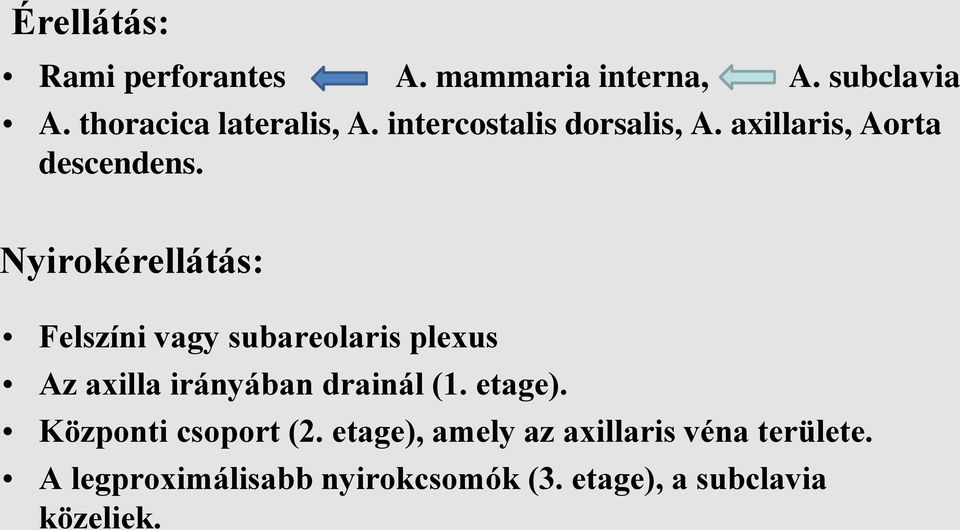 Nyirokérellátás: Felszíni vagy subareolaris plexus Az axilla irányában drainál (1. etage).