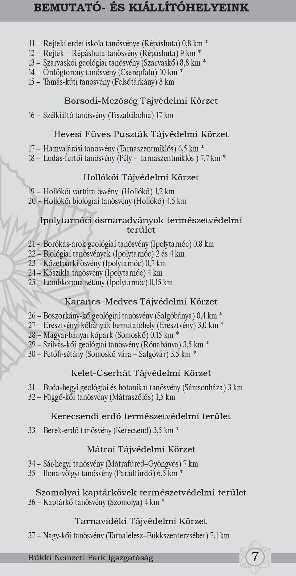 Körzet 17 Hamvajárási tanösvény (Tarnaszentmiklós) 6,5 km * 18 Ludas-fertői tanösvény (Pély Tarnaszentmiklós ) 7,7 km * Hollókői Tájvédelmi Körzet 19 Hollókői vártúra ösvény (Hollókő) 1,2 km 20