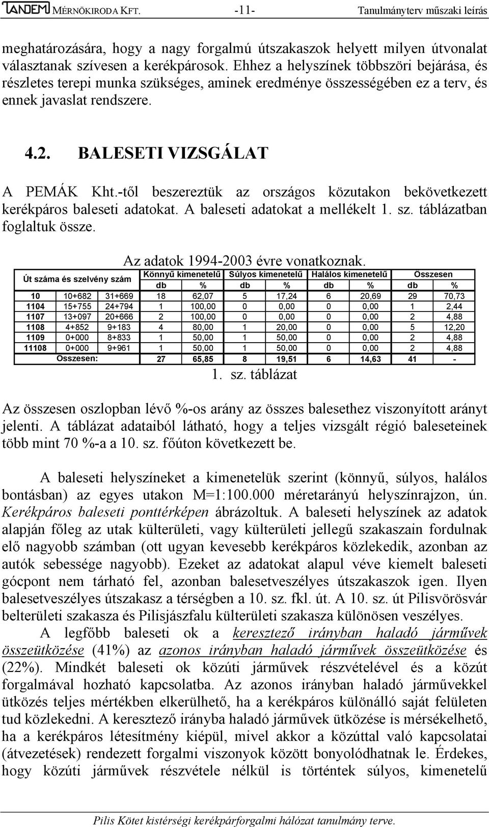 -től beszereztük az országos közutakon bekövetkezett kerékpáros baleseti adatokat. A baleseti adatokat a mellékelt 1. sz. táblázatban foglaltuk össze. Az adatok 1994-2003 évre vonatkoznak.