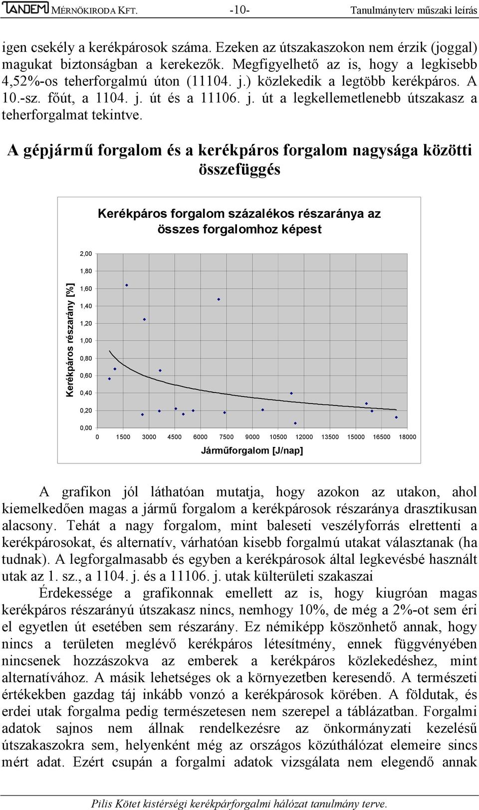 A gépjármű forgalom és a kerékpáros forgalom nagysága közötti összefüggés Kerékpáros forgalom százalékos részaránya az összes forgalomhoz képest 2,00 1,80 Kerékpáros részarány [%] 1,60 1,40 1,20 1,00