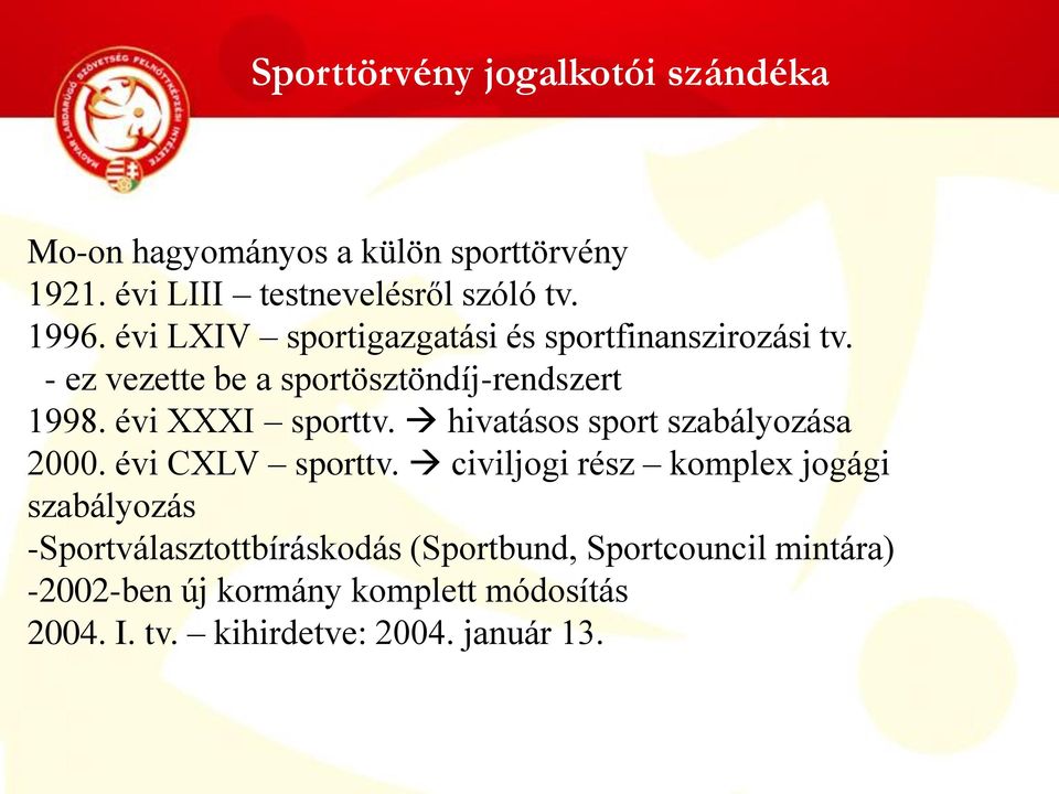 hivatásos sport szabályozása 2000. évi CXLV sporttv.