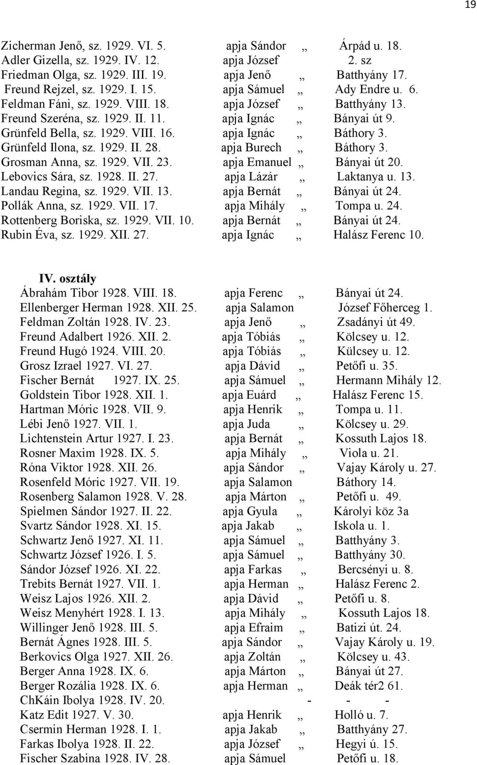 apja Ignác Báthory 3. Grünfeld Ilona, sz. 1929. II. 28. apja Burech Báthory 3. Grosman Anna, sz. 1929. VII. 23. apja Emanuel Bányai út 20. Lebovics Sára, sz. 1928. II. 27. apja Lázár Laktanya u. 13.