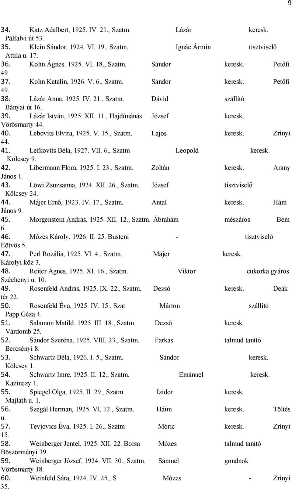 Vörösmarty 44. 40. Lebovits Elvira, 1925. V. 15., Szatm. Lajos keresk. Zrínyi 44. 41. Lefkovits Béla, 1927. VII. 6., Szatm Leopold keresk. Kölcsey 9. 42. Libermann Flóra, 1925. I. 23., Szatm. Zoltán keresk.