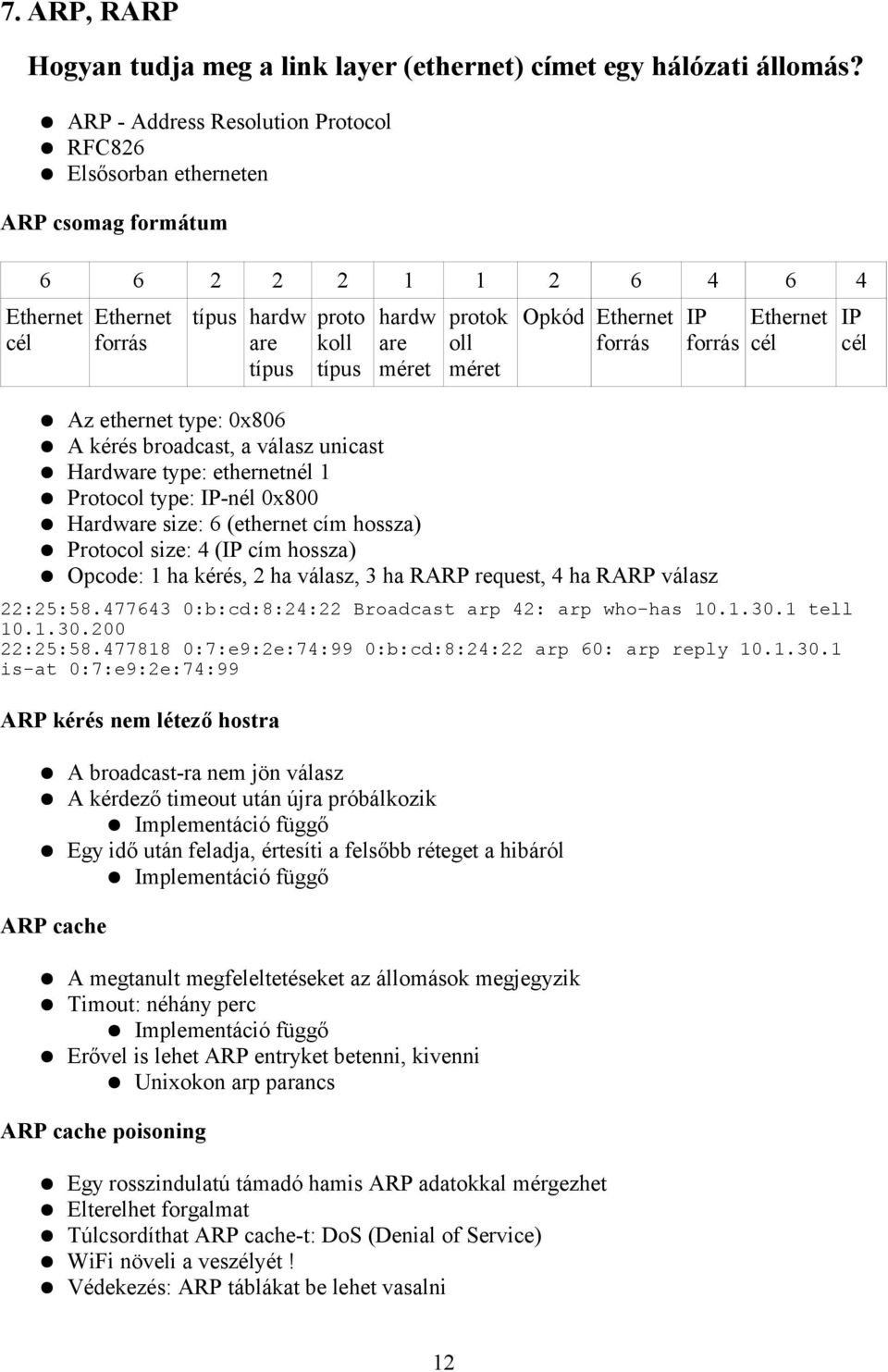 oll méret Opkód Ethernet forrás IP forrás Az ethernet type: 0x806 A kérés broadcast, a válasz unicast Hardware type: ethernetnél 1 Protocol type: IP-nél 0x800 Hardware size: 6 (ethernet cím hossza)