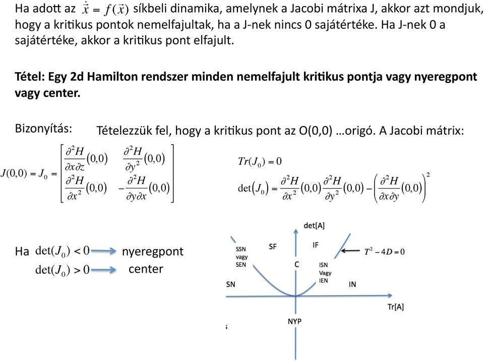 Tétel: Egy 2d Hamilton rendszer minden nemelfajult kridkus pontja vagy nyeregpont vagy center.