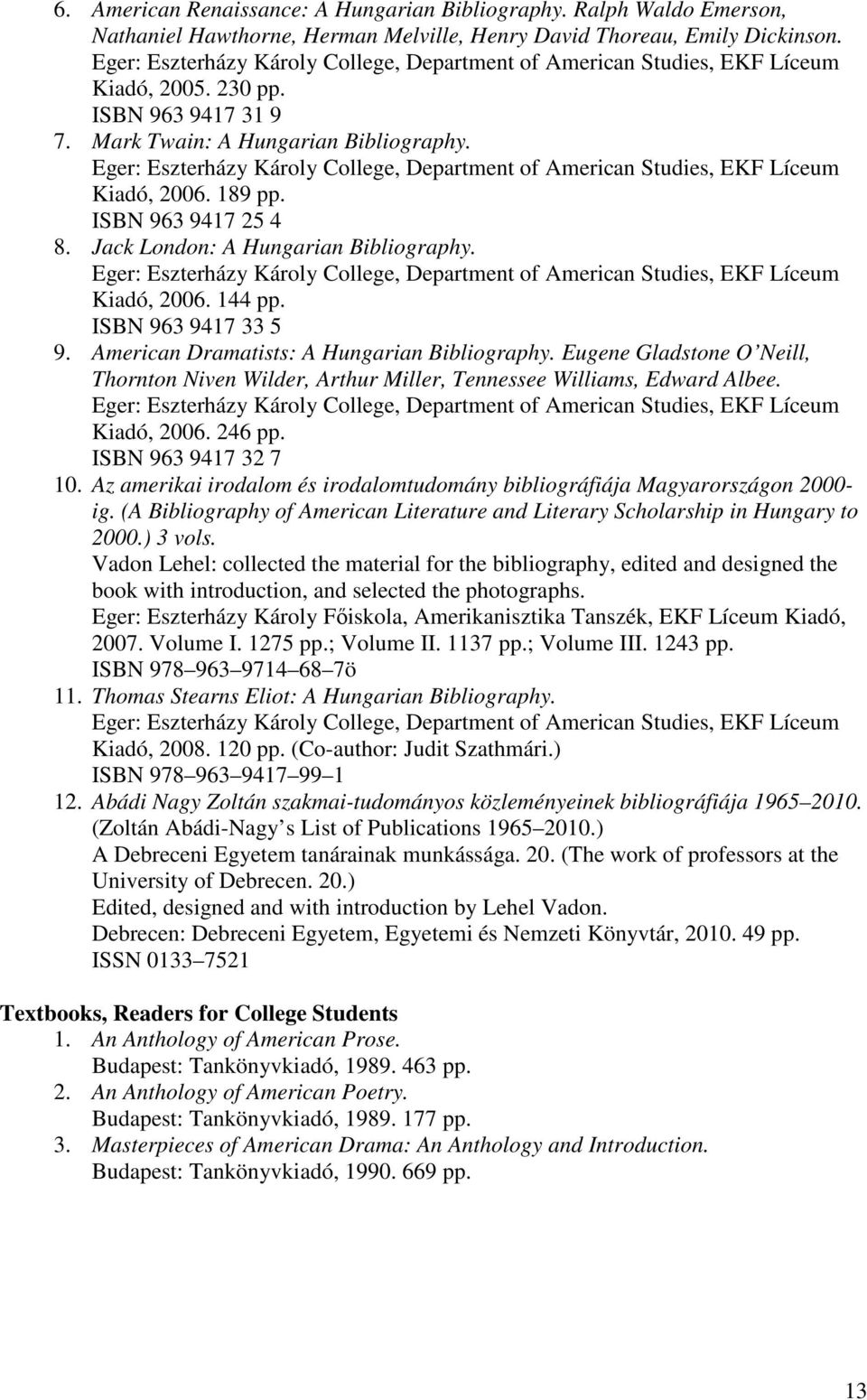 Eger: Eszterházy Károly College, Department of American Studies, EKF Líceum Kiadó, 2006. 189 pp. ISBN 963 9417 25 4 8. Jack London: A Hungarian Bibliography.