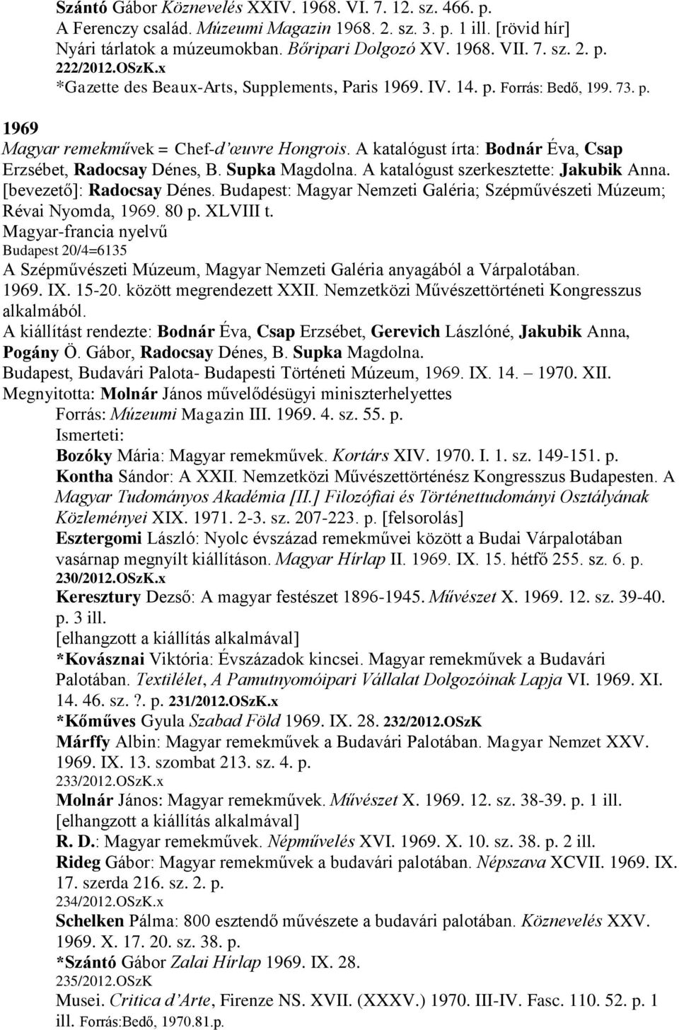 A katalógust írta: Bodnár Éva, Csap Erzsébet, Radocsay Dénes, B. Supka Magdolna. A katalógust szerkesztette: Jakubik Anna. [bevezető]: Radocsay Dénes.