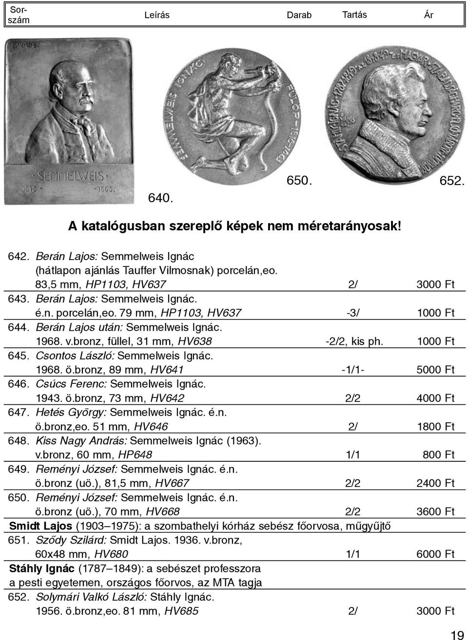 Csúcs Ferenc: Semmelweis Ignác. 1943. ö.bronz, 73 mm, HV642 2/2 4000 Ft 647. Hetés György: Semmelweis Ignác. é.n. ö.bronz,eo. 51 mm, HV646 2/ 1800 Ft 648. Kiss Nagy András: Semmelweis Ignác (1963). v.