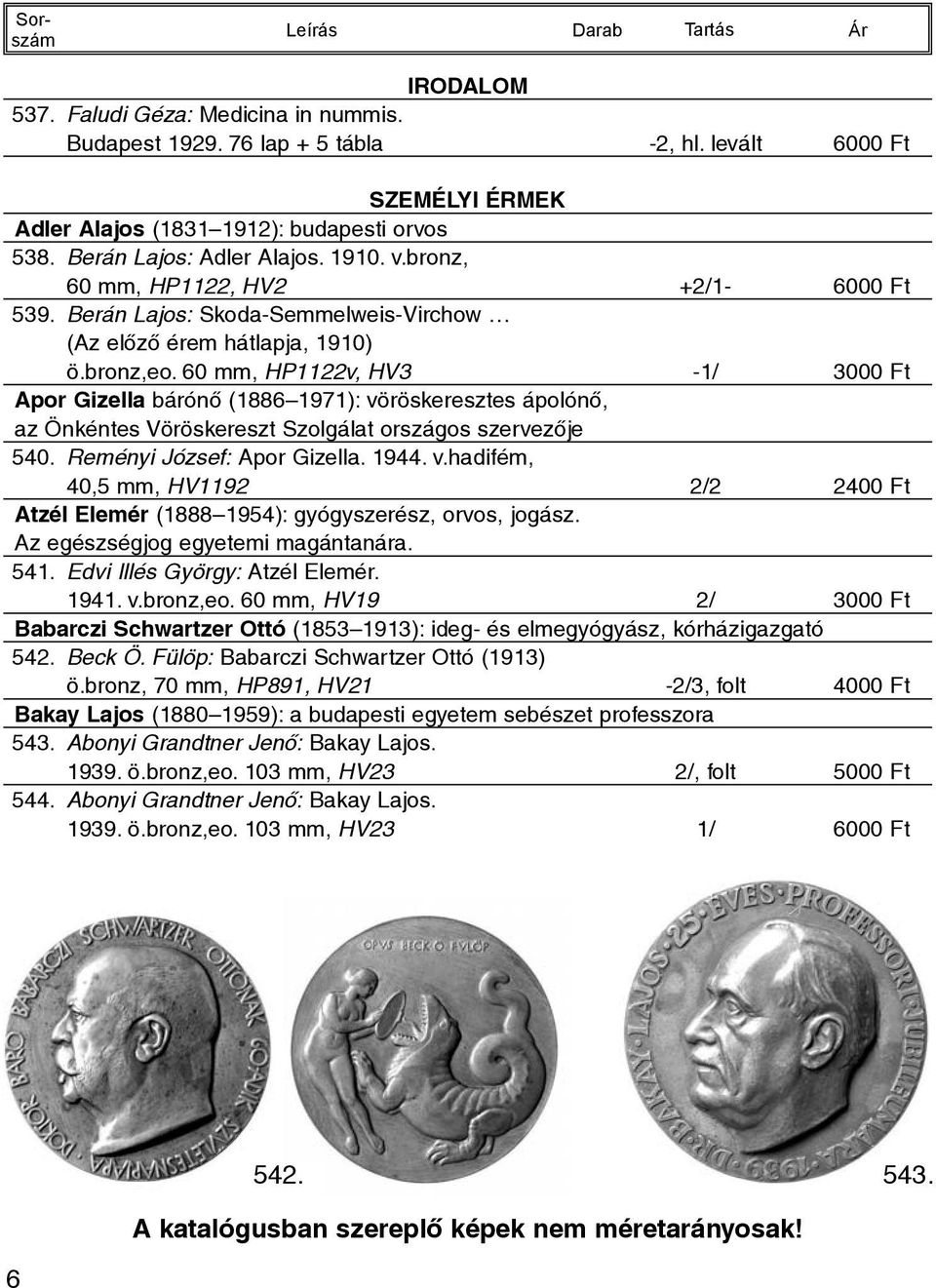 60 mm, HP1122v, HV3-1/ 3000 Ft Apor Gizella bárónõ (1886 1971): vöröskeresztes ápolónõ, az Önkéntes Vöröskereszt Szolgálat országos szervezõje 540. Reményi József: Apor Gizella. 1944. v.hadifém, 40,5 mm, HV1192 2/2 2400 Ft Atzél Elemér (1888 1954): gyógyszerész, orvos, jogász.