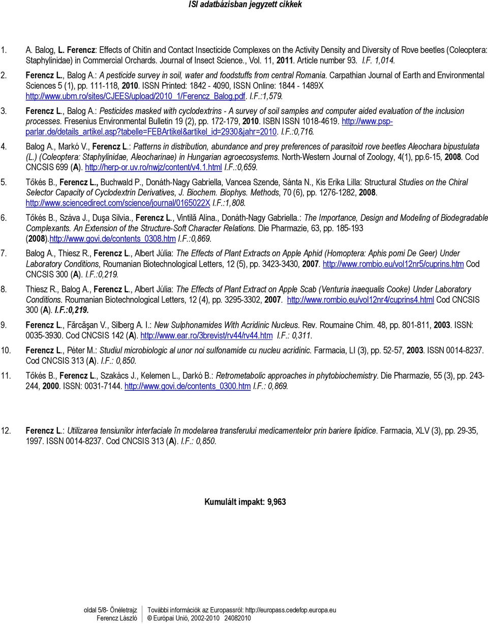 11, 2011. Article number 93. I.F. 1,014. 2. Ferencz L., Balog A.: A pesticide survey in soil, water and foodstuffs from central Romania.