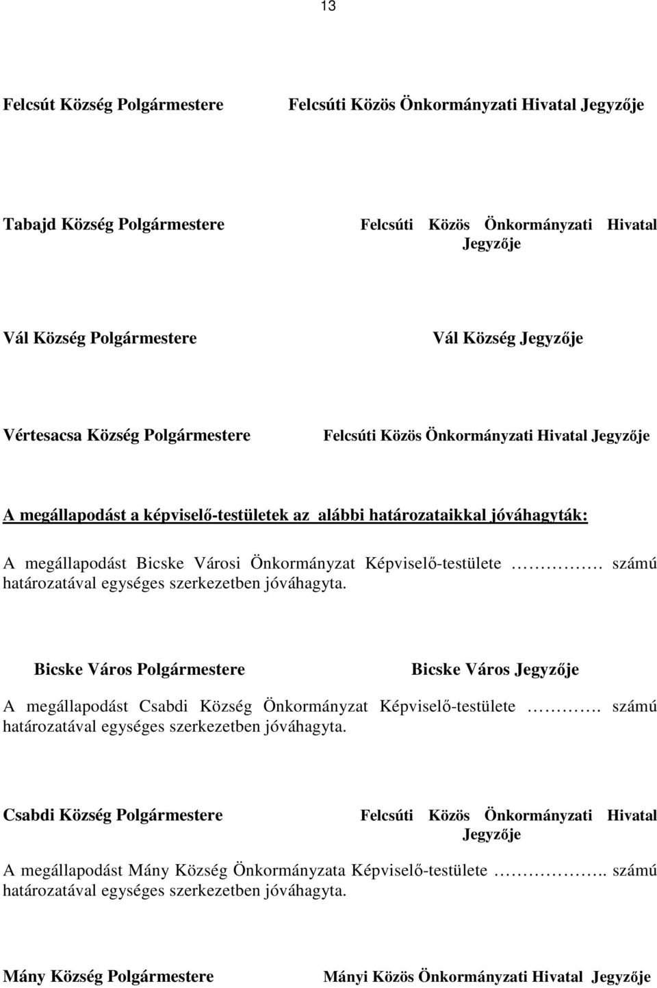 Képviselő-testülete. számú határozatával egységes szerkezetben jóváhagyta. Bicske Város Polgármestere Bicske Város Jegyzője A megállapodást Csabdi Község Önkormányzat Képviselő-testülete.