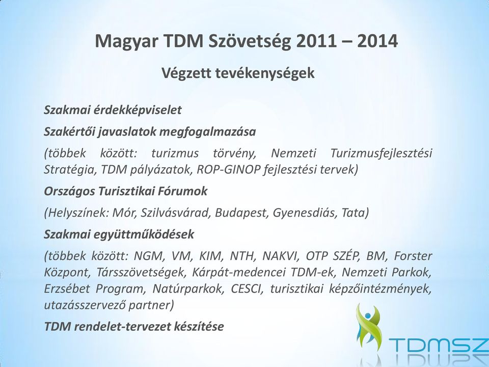 Budapest, Gyenesdiás, Tata) Szakmai együttműködések (többek között: NGM, VM, KIM, NTH, NAKVI, OTP SZÉP, BM, Forster Központ, Társszövetségek,