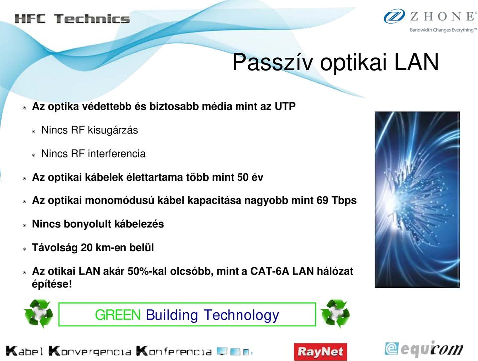 kábel kapacitása nagyobb mint 69 Tbps Nincs bonyolult kábelezés Távolság 20 km-en belül Az