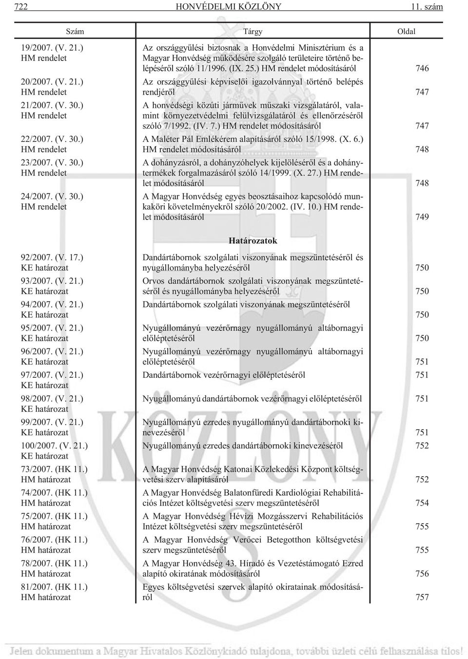 ) HM rendelet módosításáról 746 Az országgyûlési képviselõi igazolvánnyal történõ belépés rendjérõl 747 A honvédségi közúti jármûvek mûszaki vizsgálatáról, valamint környezetvédelmi