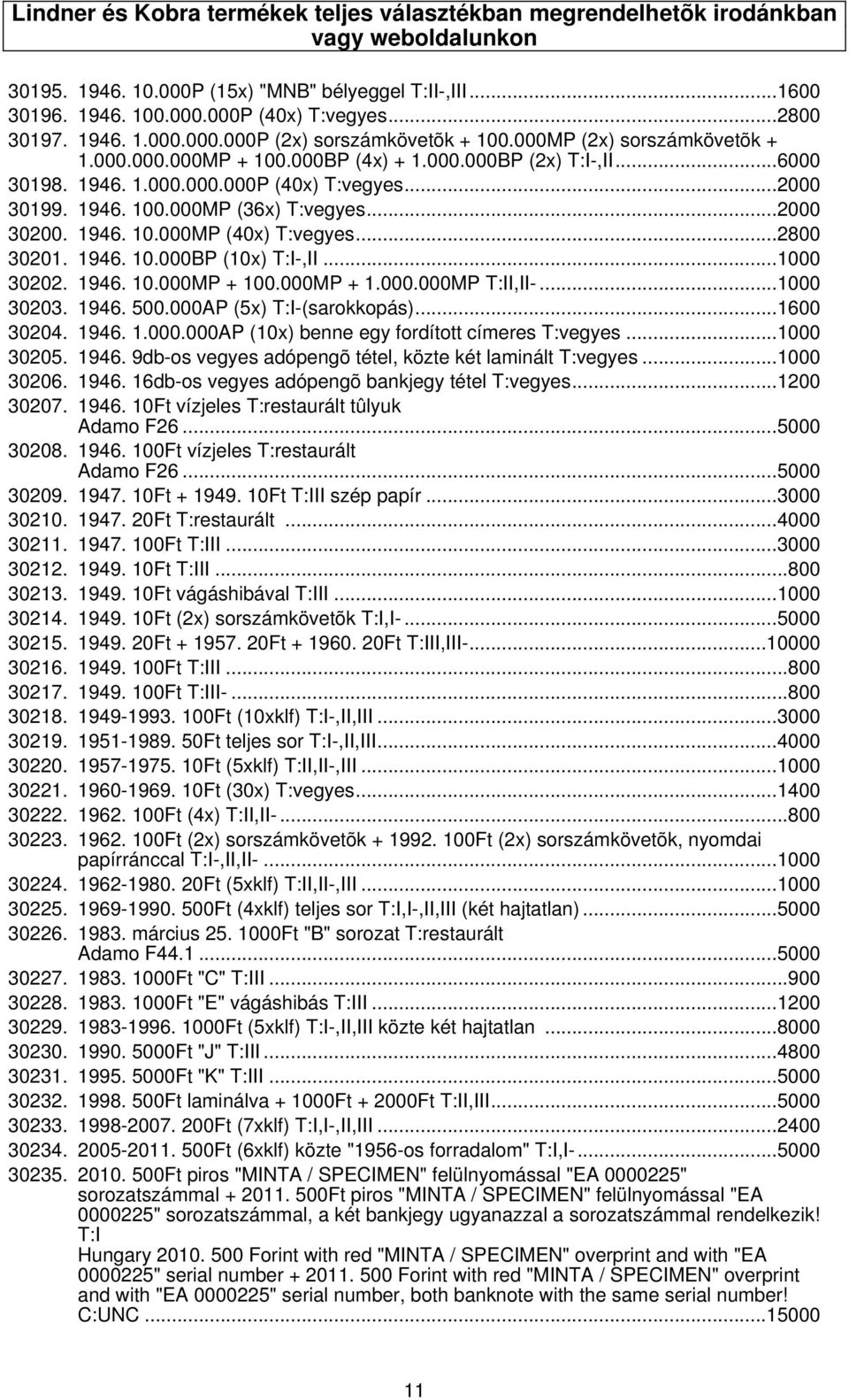 ..2000 30199. 1946. 100.000MP (36x) T:vegyes...2000 30200. 1946. 10.000MP (40x) T:vegyes...2800 30201. 1946. 10.000BP (10x) T:I-,II...1000 30202. 1946. 10.000MP + 100.000MP + 1.000.000MP T:II,II-.