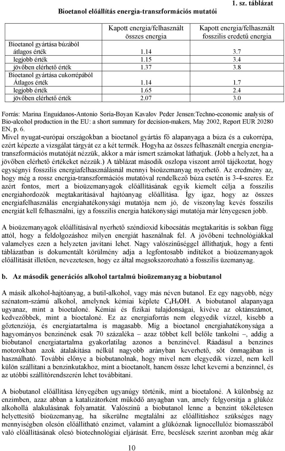 4 jövőben elérhető érték 1.37 3.8 Bioetanol gyártása cukorrépából Átlagos érték 1.14 1.7 legjobb érték 1.65 2.4 jövőben elérhető érték 2.07 3.