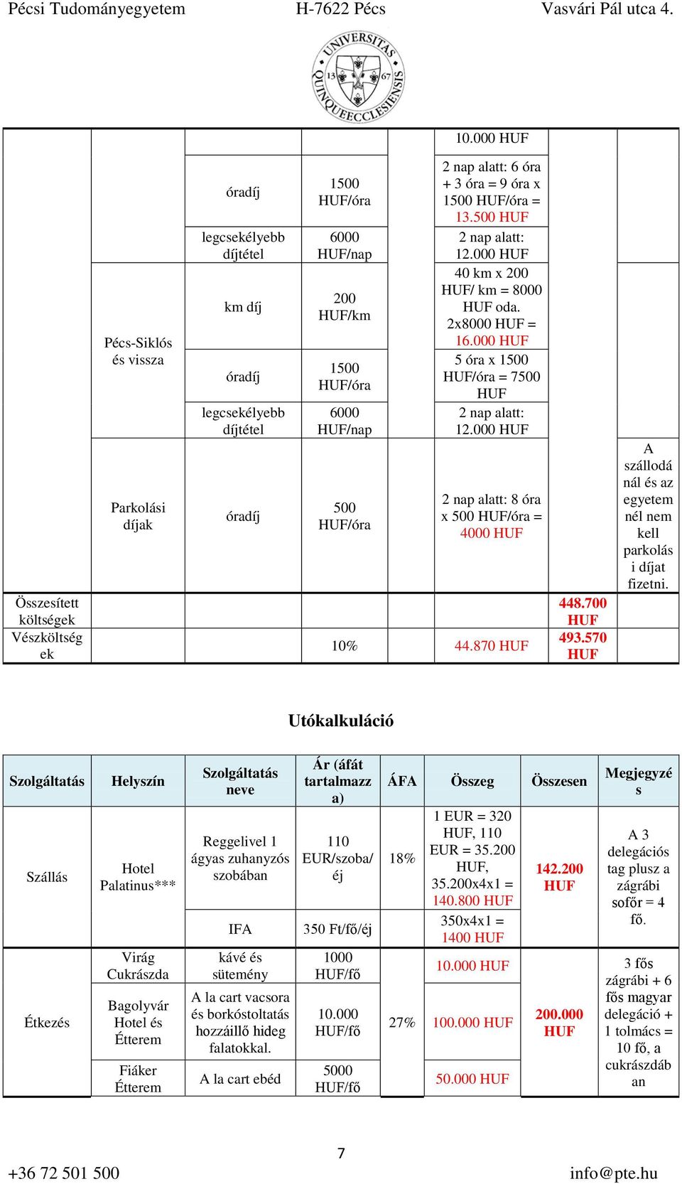 000 2 nap alatt: 8 óra x 500 /óra = 4000 10% 44.870 448.700 493.570 A szállodá nál és az egyetem nél nem kell parkolás i díjat fizetni.