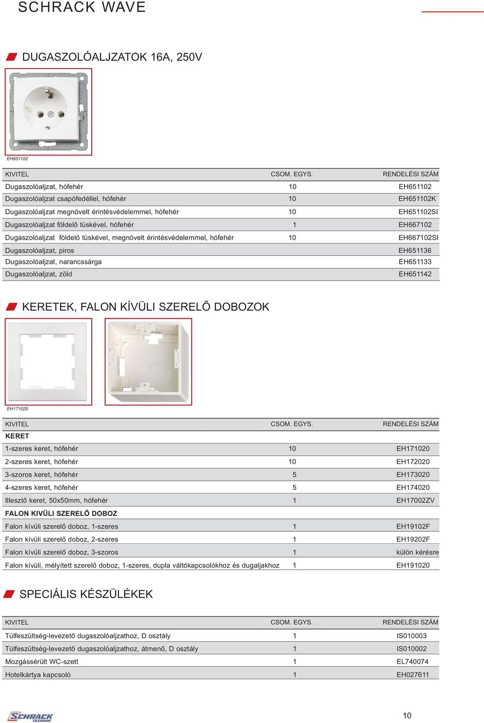 Dugaszolóaljzat, narancssárga EH651133 Dugaszolóaljzat, zöld EH651142 W KERETEK, FALON KÍVÜLI SZERELŐ DOBOZOK 09 10 11 12 13 14 15 16 17 18 19 20 EH171020 KERET 1-szeres keret, hófehér 10 EH171020