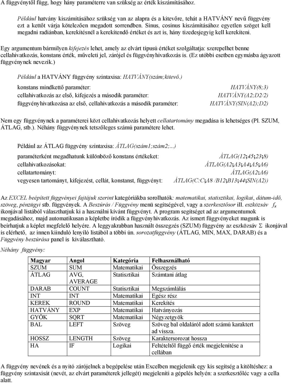 Sinus, cosinus kiszámításához egyetlen szöget kell megadni radiánban, kerekítésnél a kerekítendı értéket és azt is, hány tizedesjegyig kell kerekíteni.