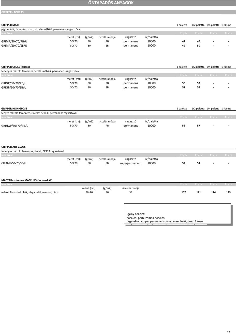 mázolt, famentes,riccelés nélküli, permanens ragasztóval méret (cm): () riccelés módja ragasztó ív/paletta GRIGP/50x70/PB/U 50X70 80 PB permanens 10000 50 52 - - GRIGP/50x70/SB/U 50x70 80 SB