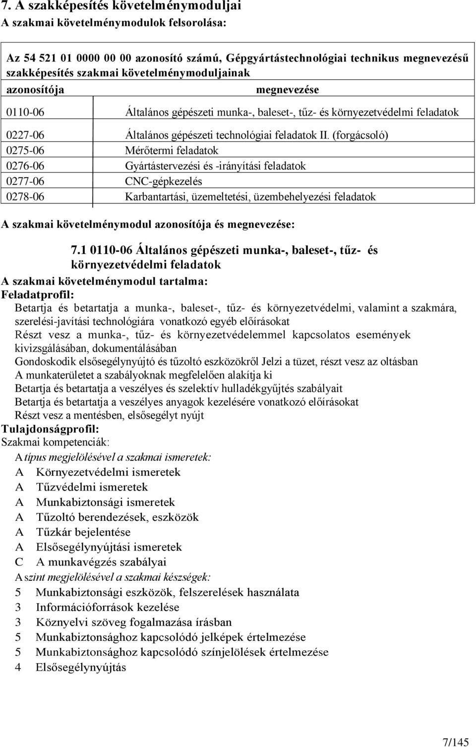 (forgácsoló) 0275-06 Mérőtermi feladatok 0276-06 Gyártástervezési és -irányítási feladatok 0277-06 CNC-gépkezelés 0278-06 Karbantartási, üzemeltetési, üzembehelyezési feladatok A szakmai