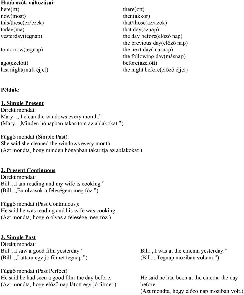 Simple Present Mary: I clean the windows every month.. (Mary: Minden hónapban takarítom az ablakokat. ) Függő mondat (Simple Past): She said she cleaned the windows every month.