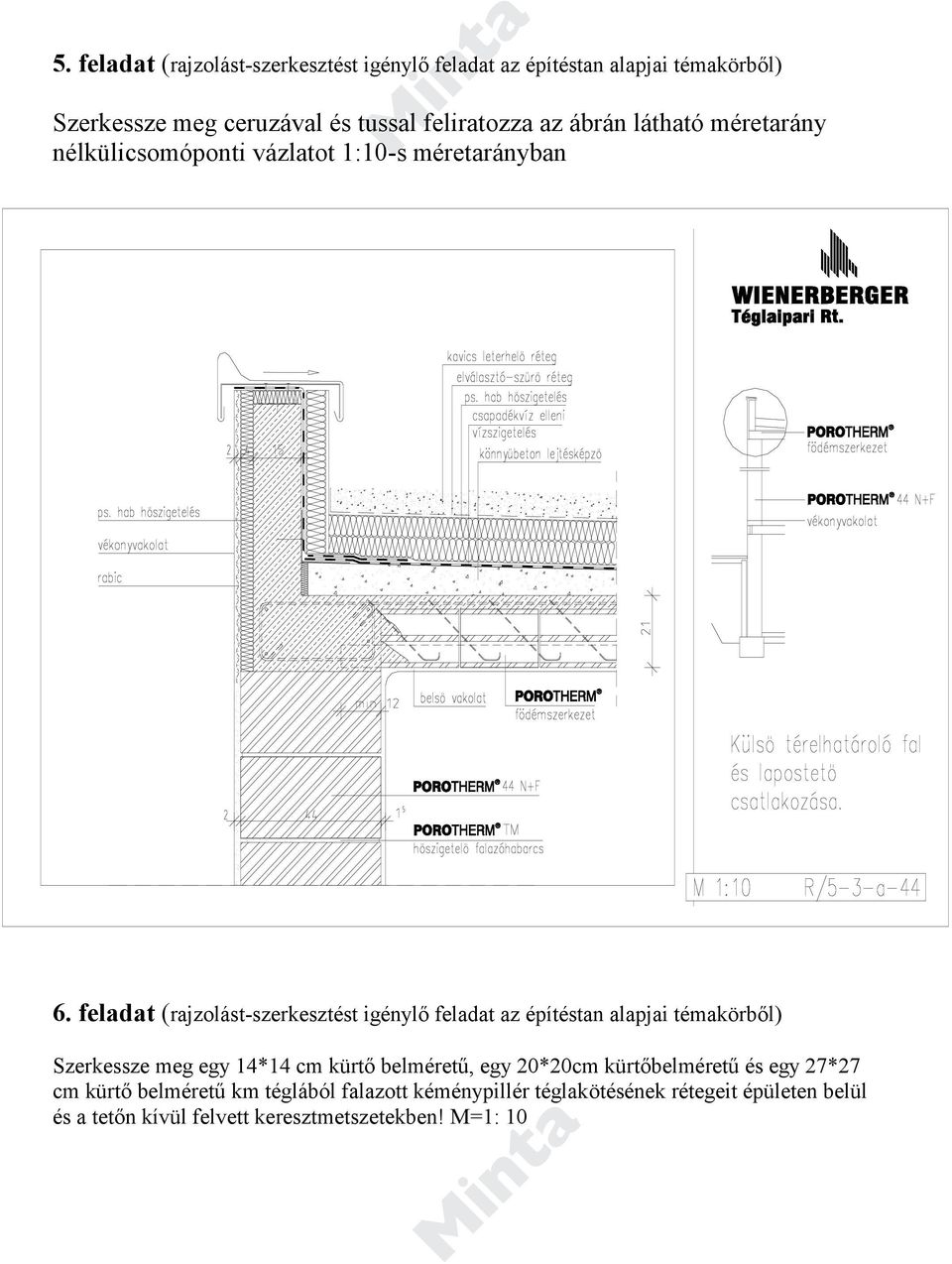 feladat (rajzolást-szerkesztést igénylő feladat az építéstan alapjai témakörből) Szerkessze meg egy 14*14 cm kürtő belméretű, egy