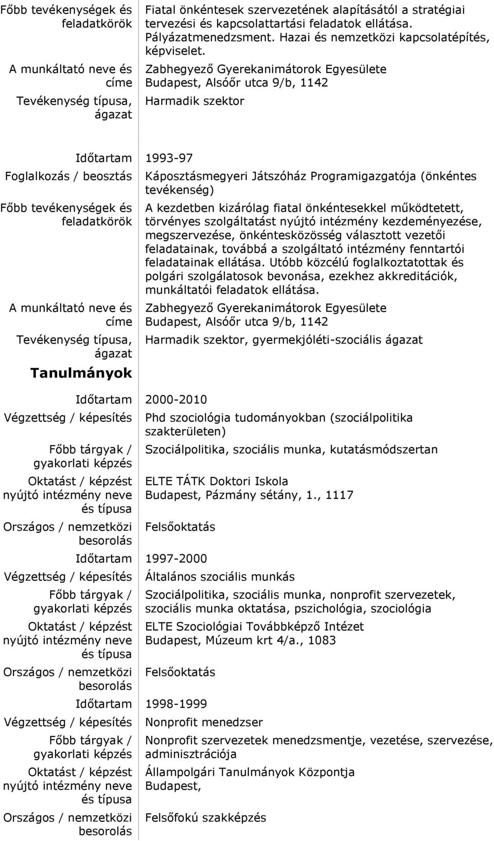 kizárólag fiatal önkéntesekkel működtetett, törvényes szolgáltatást nyújtó intézmény kezdeményezése, megszervezése, önkéntesközösség választott vezetői feladatainak, továbbá a szolgáltató intézmény