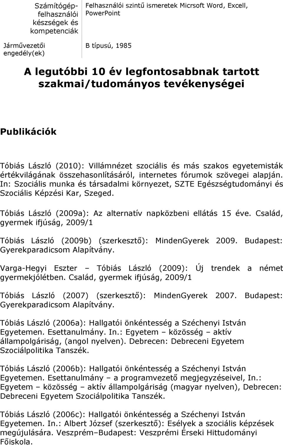 In: Szociális munka és társadalmi környezet, SZTE Egészségtudományi és Szociális Képzési Kar, Szeged. Tóbiás László (2009a): Az alternatív napközbeni ellátás 15 éve.