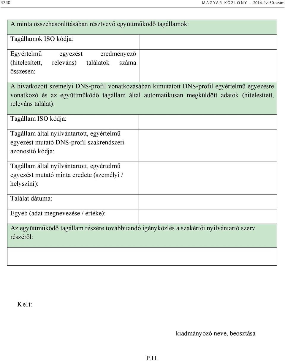 DNS-profil vonatkozásában kimutatott DNS-profil egyértelmű egyezésre vonatkozó és az együttműködő tagállam által automatikusan megküldött adatok (hitelesített, releváns találat): Tagállam ISO kódja: