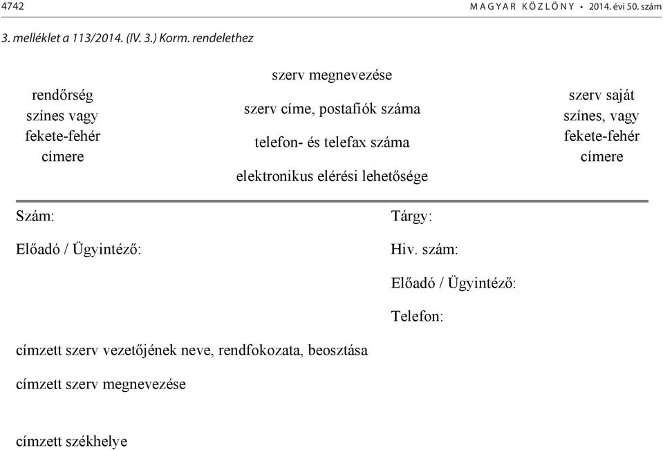 postafiók száma telefon- és telefax száma elektronikus elérési lehetősége Tárgy: Hiv.