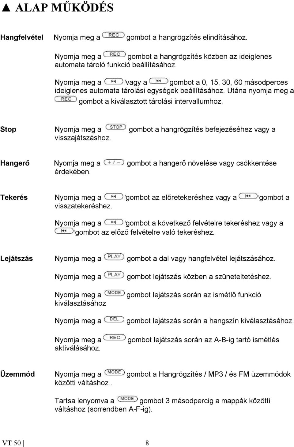 Stop Nyomja meg a gombot a hangrögzítés befejezéséhez vagy a visszajátszáshoz. Hangerő Nyomja meg a gombot a hangerő növelése vagy csökkentése érdekében.