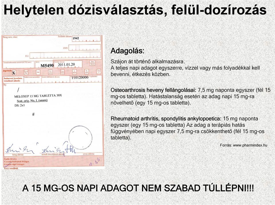 Osteoarthrosis heveny fellángolásai: 7,5 mg naponta egyszer (fél 15 mg-os tabletta).