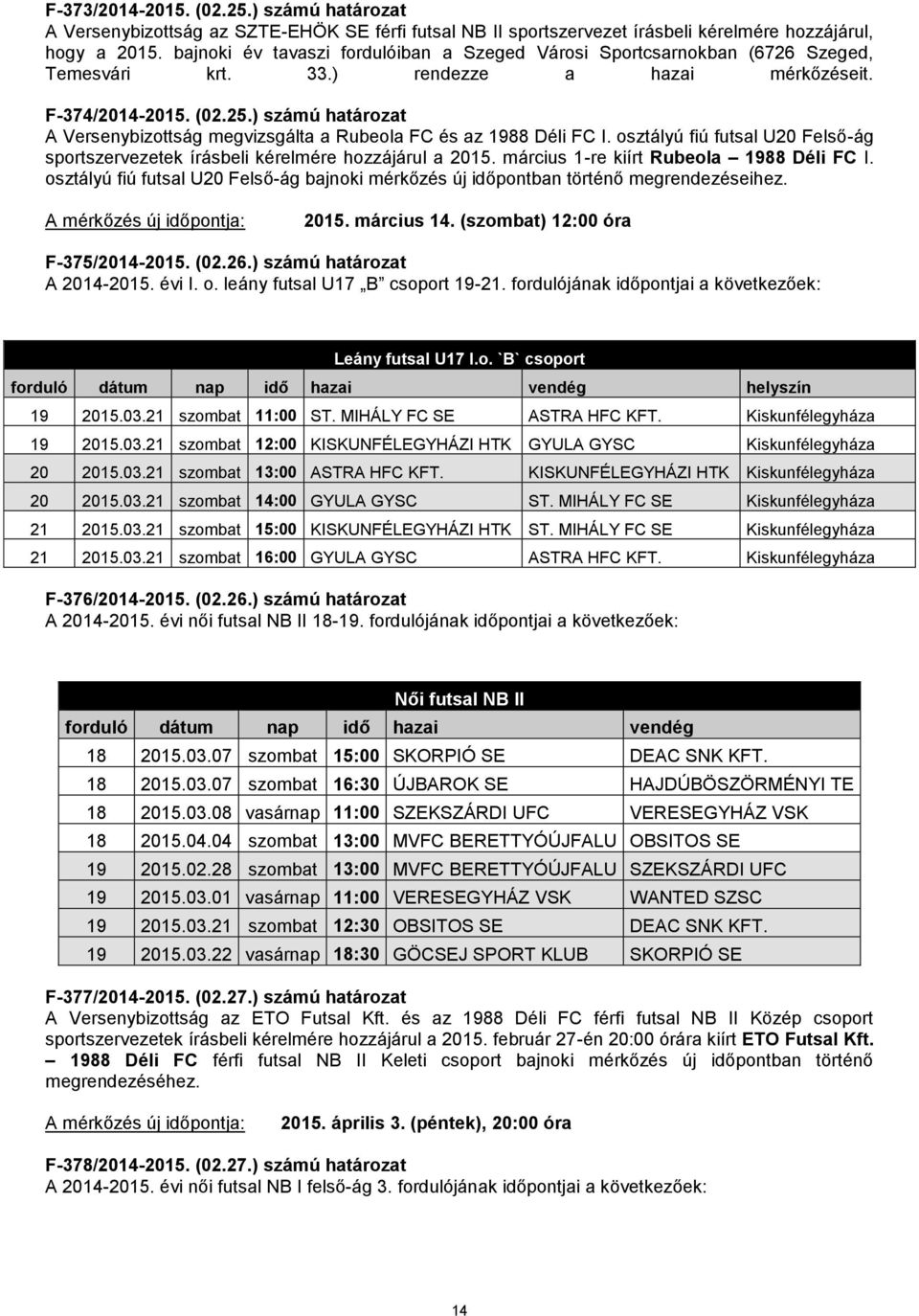 ) számú határozat A Versenybizottság megvizsgálta a Rubeola FC és az 1988 Déli FC I. osztályú fiú futsal U20 Felső-ág sportszervezetek írásbeli kérelmére hozzájárul a 2015.