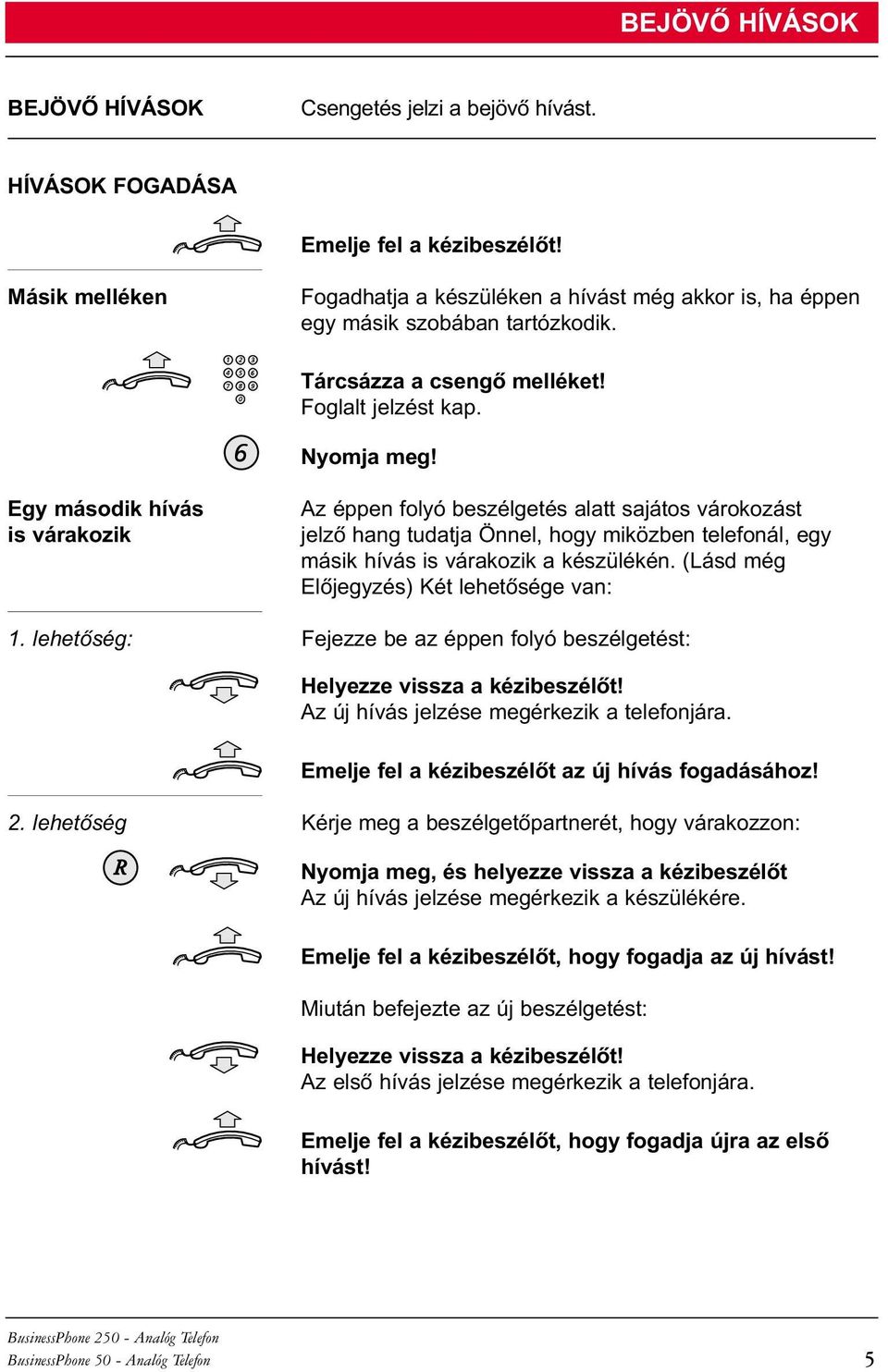 Egy második hívás is várakozik Az éppen folyó beszélgetés alatt sajátos várokozást jelzõ hang tudatja Önnel, hogy miközben telefonál, egy másik hívás is várakozik a készülékén.