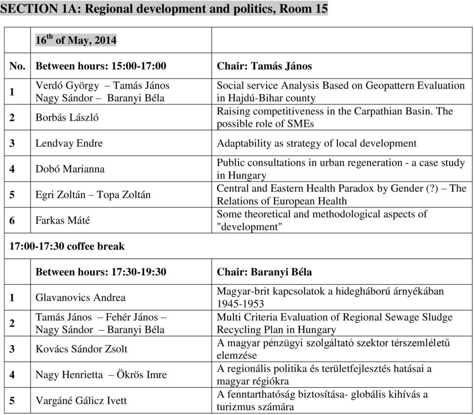The possible role of SMEs Lendvay Endre Adaptability as strategy of local development 4 Dobó Marianna 5 Egri Zoltán Topa Zoltán 6 Farkas Máté 7:00-7:0 coffee break Public consultations in urban