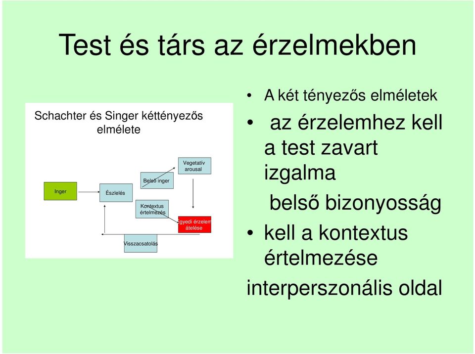 Egyedi érzelem átelése A két tényezős elméletek az érzelemhez kell a test