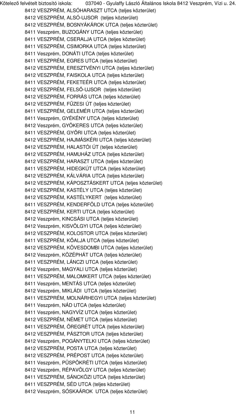 8411 VESZPRÉM, CSERALJA UTCA (teljes közterület) 8411 VESZPRÉM, CSIMORKA UTCA (teljes közterület) 8411 Veszprém, DONÁTI UTCA (teljes közterület) 8411 VESZPRÉM, EGRES UTCA (teljes közterület) 8412