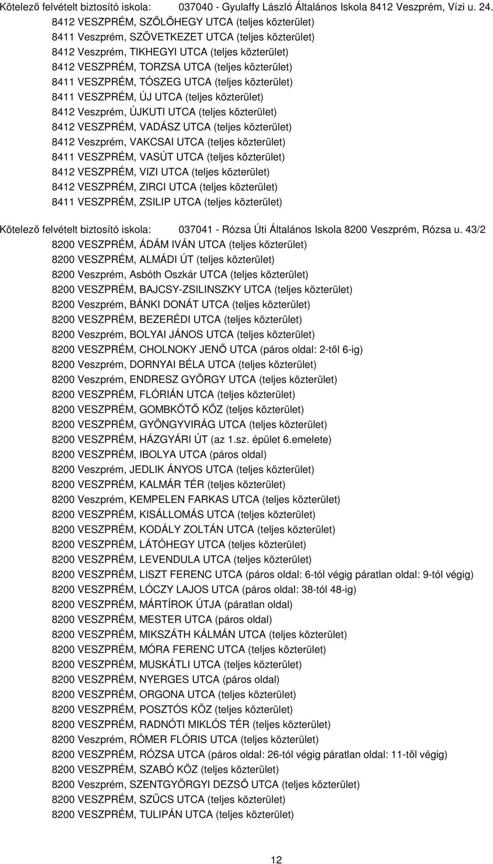 8411 VESZPRÉM, TÓSZEG UTCA (teljes közterület) 8411 VESZPRÉM, ÚJ UTCA (teljes közterület) 8412 Veszprém, ÚJKUTI UTCA (teljes közterület) 8412 VESZPRÉM, VADÁSZ UTCA (teljes közterület) 8412 Veszprém,