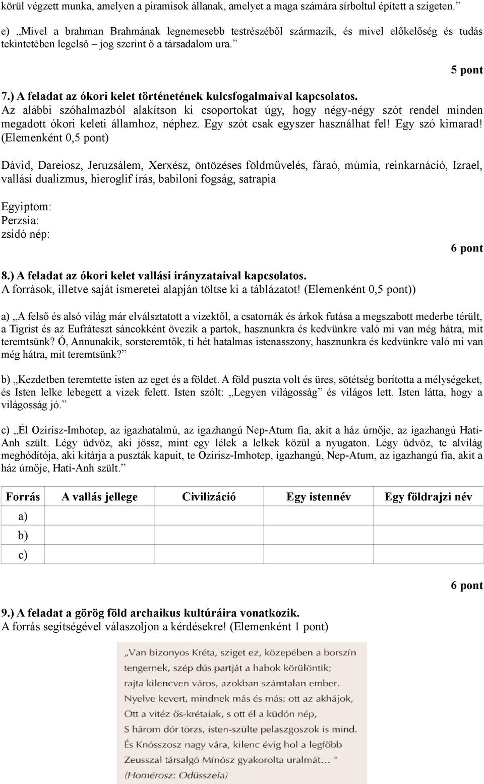 ) A feladat az ókori kelet történetének kulcsfogalmaival kapcsolatos. Az alábbi szóhalmazból alakítson ki csoportokat úgy, hogy négy-négy szót rendel minden megadott ókori keleti államhoz, néphez.