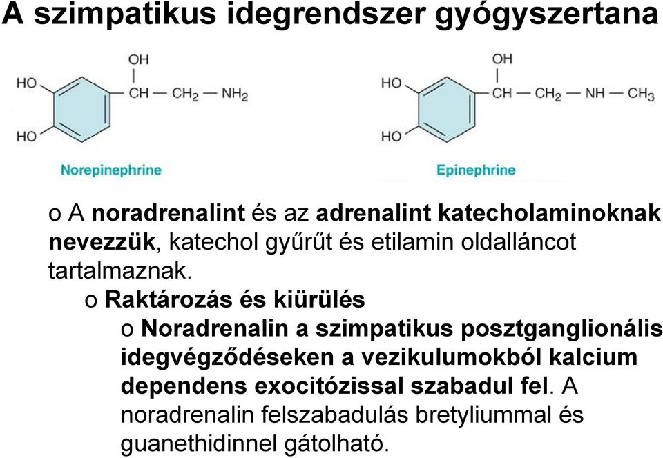 o Raktározás és kiürülés o Noradrenalin a szimpatikus posztganglionális idegvégződéseken a