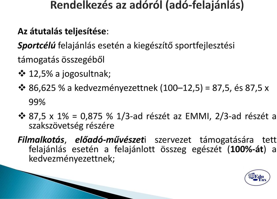 1% = 0,875 % 1/3-ad részét az EMMI, 2/3-ad részét a szakszövetség részére Filmalkotás,