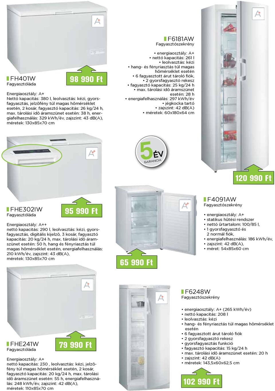 tárolási idő áramszünet esetén: 38 h, energiafelhasználás: 329 kwh/év, zajszint: 43 db(a), méretek: 130x85x70 cm energiaosztály: A+ nettó kapacitás: 261 l leolvasztás: kézi hang- és fényriasztás túl