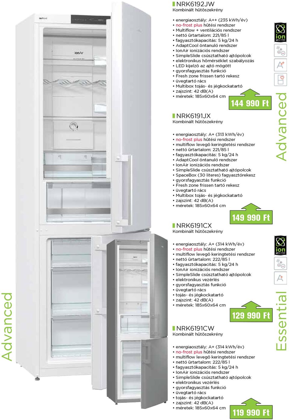 tojás- és jégkockatartó zajszint: 42 db(a) méretek: 185x60x64 cm NRK6191JX energiaosztály: A+ (313 kwh/év) no-frost plus hűtési rendszer multiflow levegő keringtetési rendszer nettó űrtartalom: